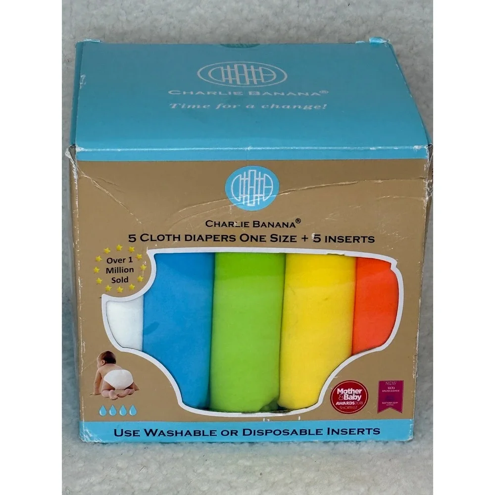 Charlie Banana 5 Cloth Diapers One Size + 5 Inserts Multi Color Reusable Set